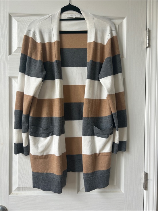Verve Ami Sweaters - Verve Ami Stripe Open-Front Cardigan in White, Brown & Gray